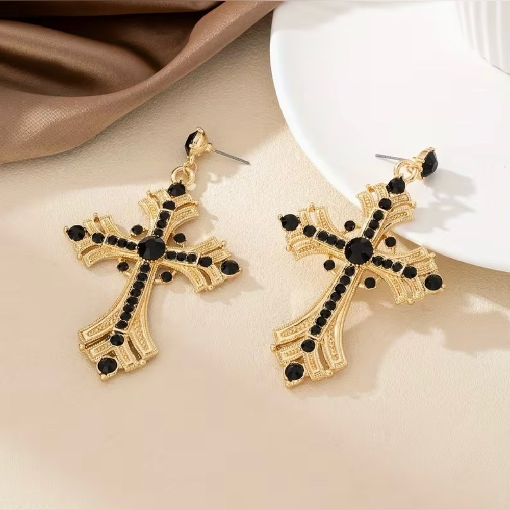 Religious Cross Earrings Gold Tone New - Picture 4 of 5